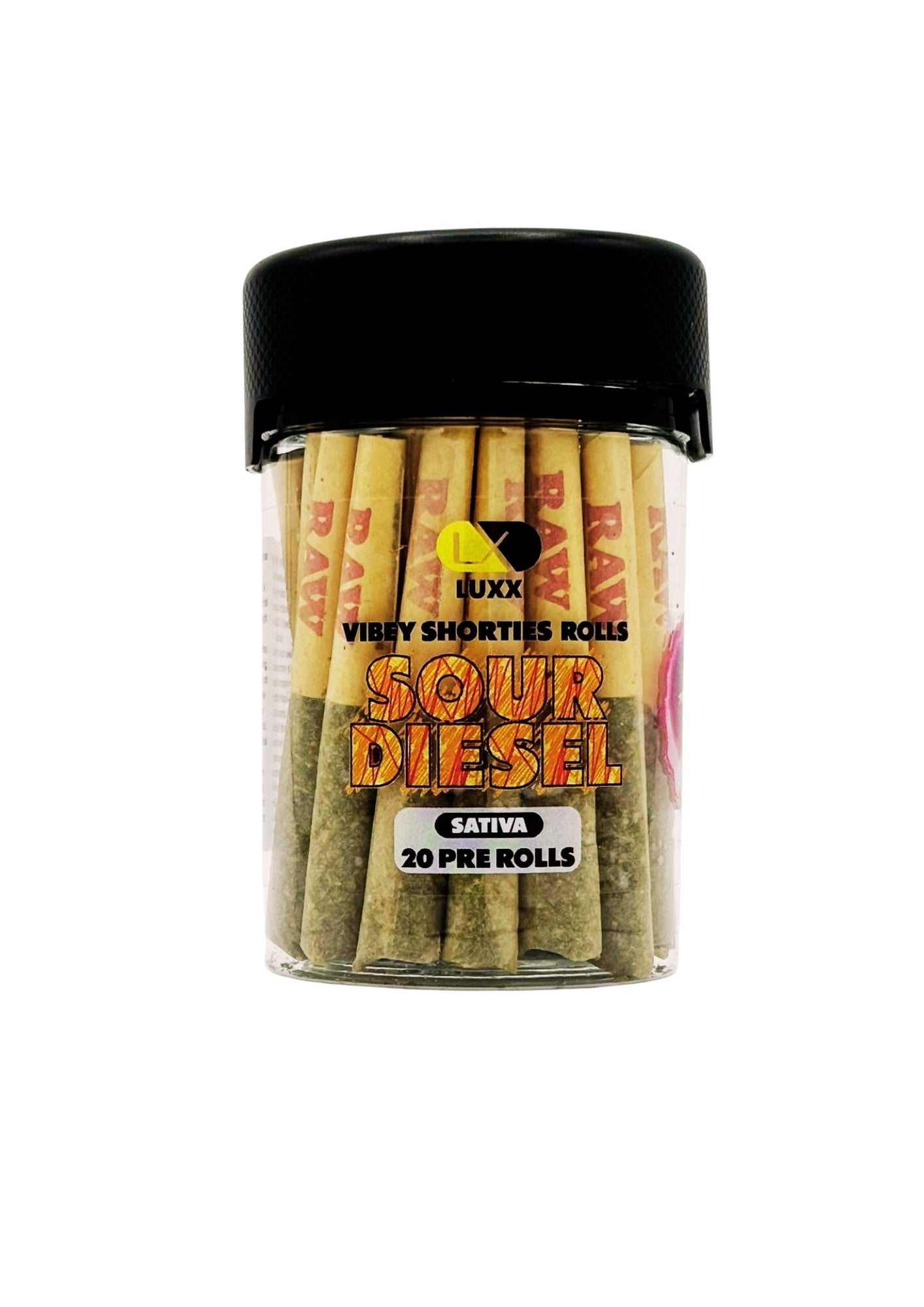 LUXX VIBEY THC-A SHORTIES 20 COUNT PRE ROLLS JAR- SOUR DIESEL