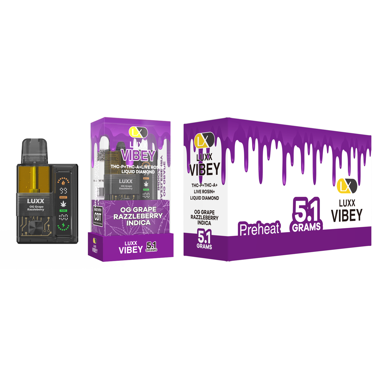 LUXX VIBEY 5.1GM THCP+THCA+LIVE RESIN+LIQUID DIAMOND - OG GRAPE RAZZLEBERRY