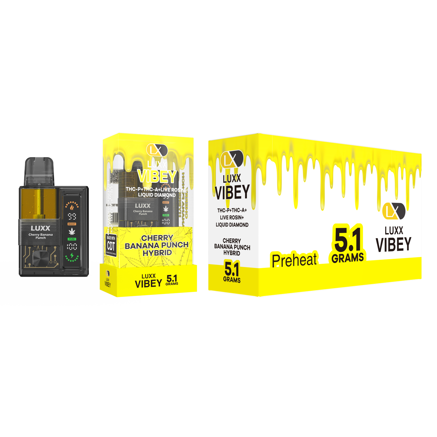 LUXX VIBEY 5.1GM THCP+THCA+LIVE RESIN+LIQUID DIAMOND - CHERRY BANANA