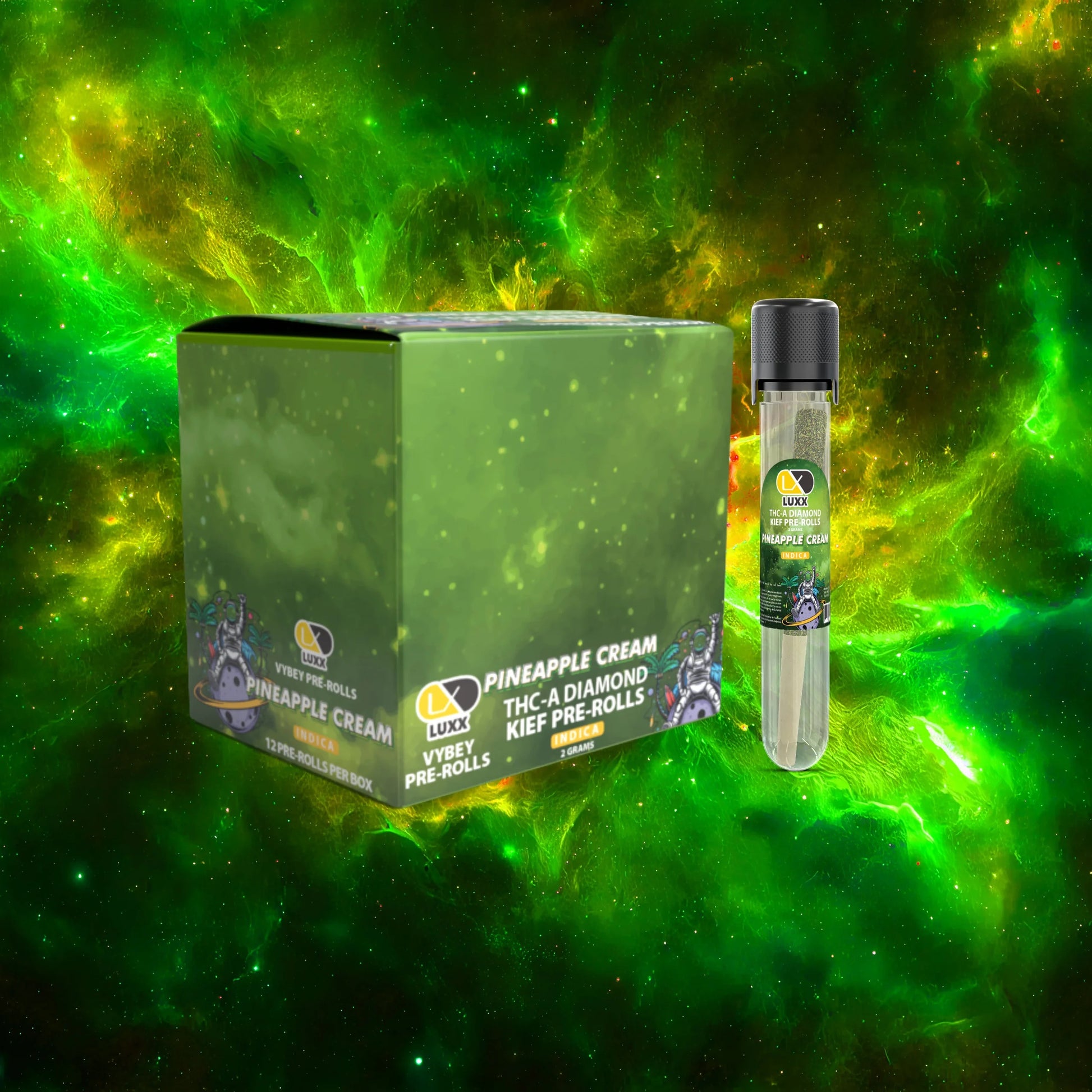 LUXX VYBEY THC-A DIAMOND KIEF 2GM PRE-ROLLS 12COUNT BOX - PINEAPPLE CREAM (INDICA)