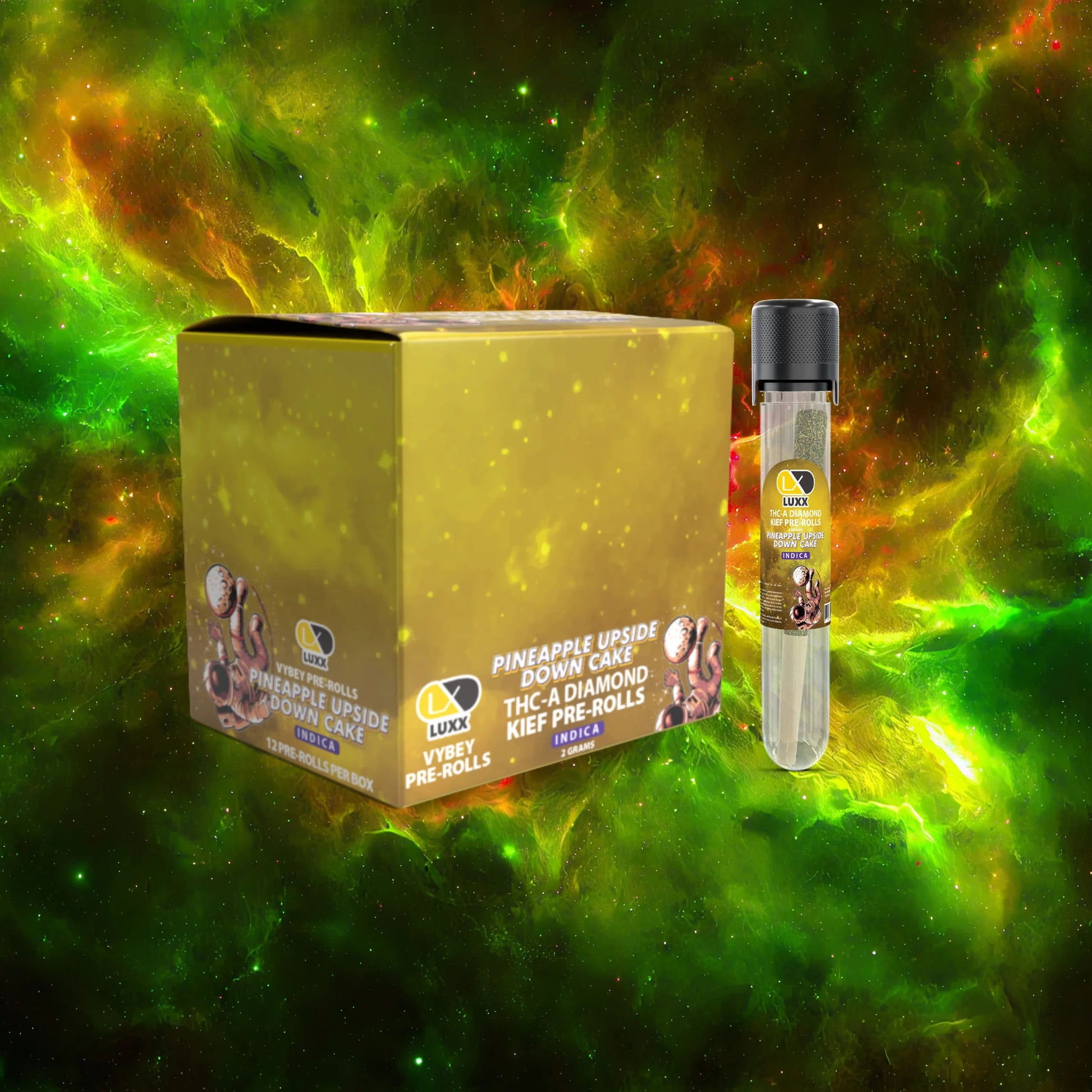 LUXX VYBEY THC-A DIAMOND KIEF 2GRAM PRE-ROLLS 12COUNT BOX - PINEAPPLE UPSIDE DOWN (INDICA)