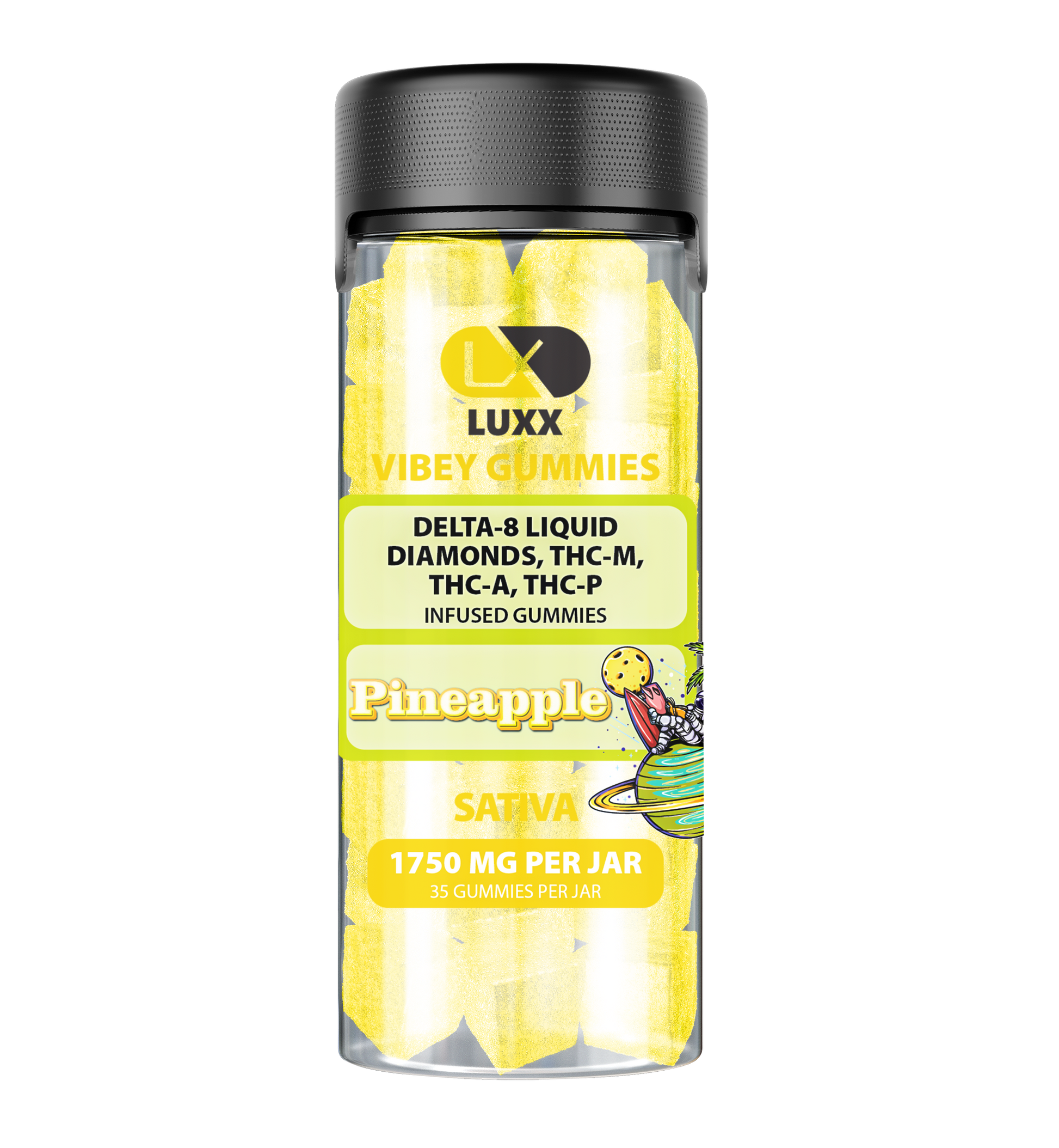 LUXX VIBEY 1750MG D8+LIQUID DIAMOND+THC-A+THC-P INFUSED GUMMIES - PINEAPPLE (SATIVA)